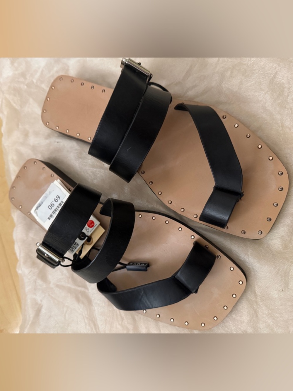 Zara Black Leather Double-Strap Studded Sandals